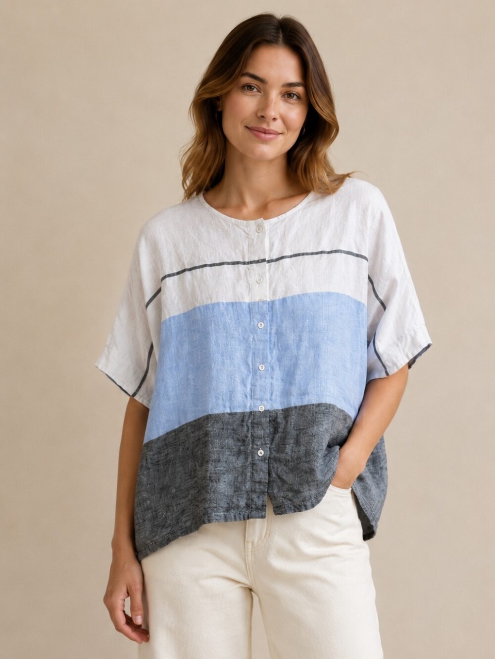 100% Linen Blue Life Colorblock Oversized Dolman Button Front Top